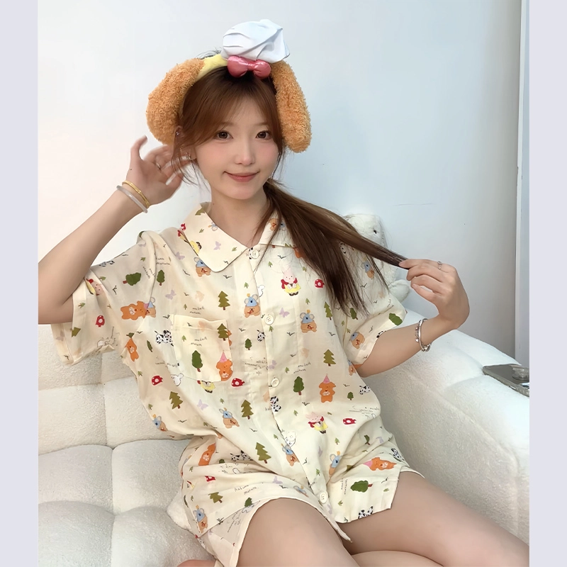 侘町 森林动物乐园卡通柔软透气亲肤棉纱睡衣套装 女款 图片色