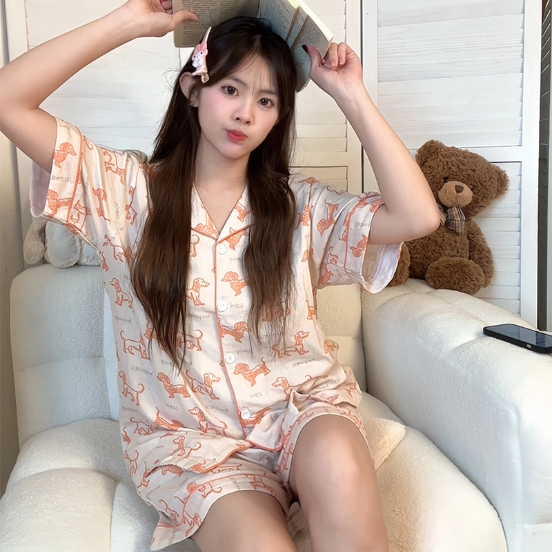 侘町 橘调腊肠狗棉纱卡通柔软透气亲肤睡衣套装 女款 图片色