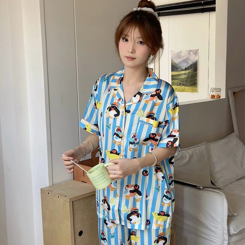 侘町 游泳圈卡通丝滑柔软透气亲肤睡衣礼盒 女款 蓝白色