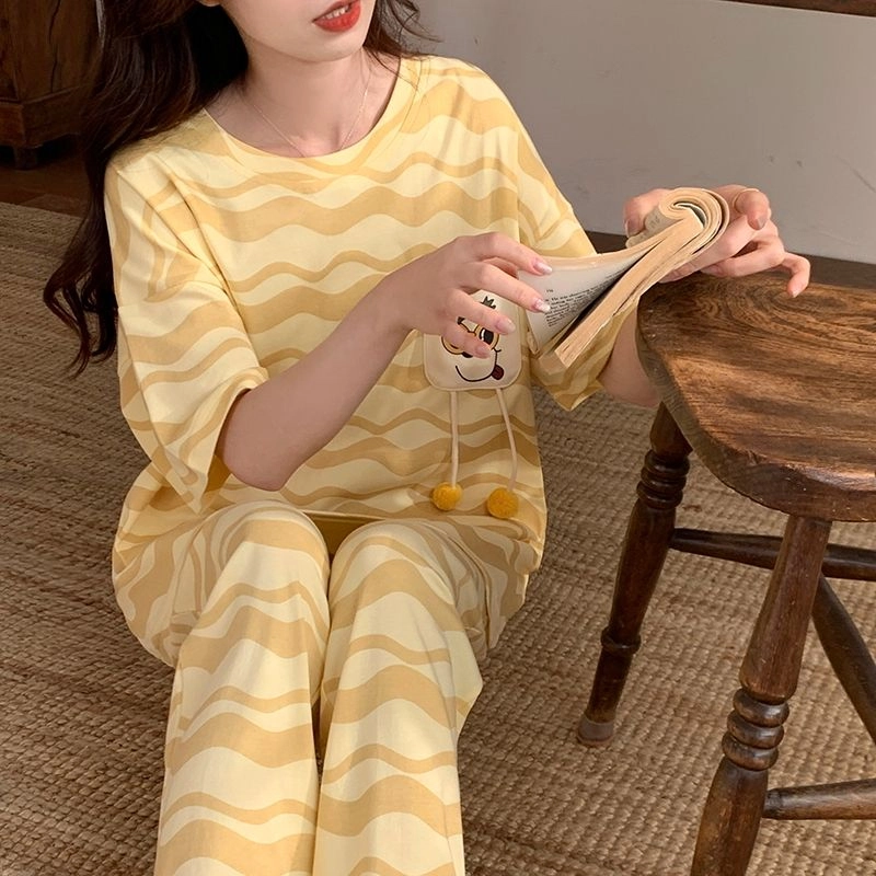 细舍 卡通可爱短袖简约薄款家居服睡衣套装 女款 黄色