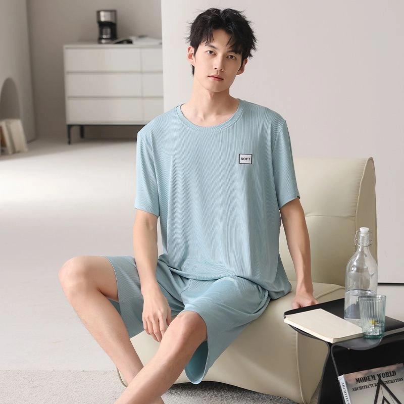 细舍 大码休闲薄款纯色亲肤透气圆领短袖可外穿睡衣套装 男款 标准色