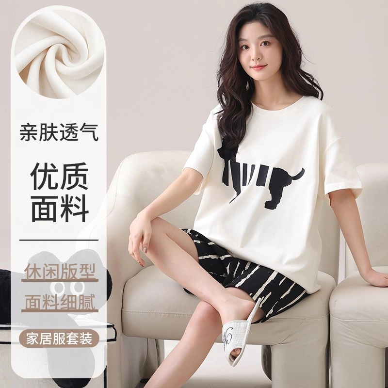 细舍 短袖卡通可爱薄款圆领家居服睡衣套装 女款 白色