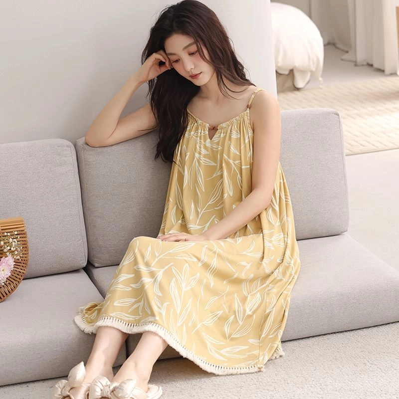 细舍 吊带一体带胸垫中长款甜美性感无袖睡裙 女款 小麦色