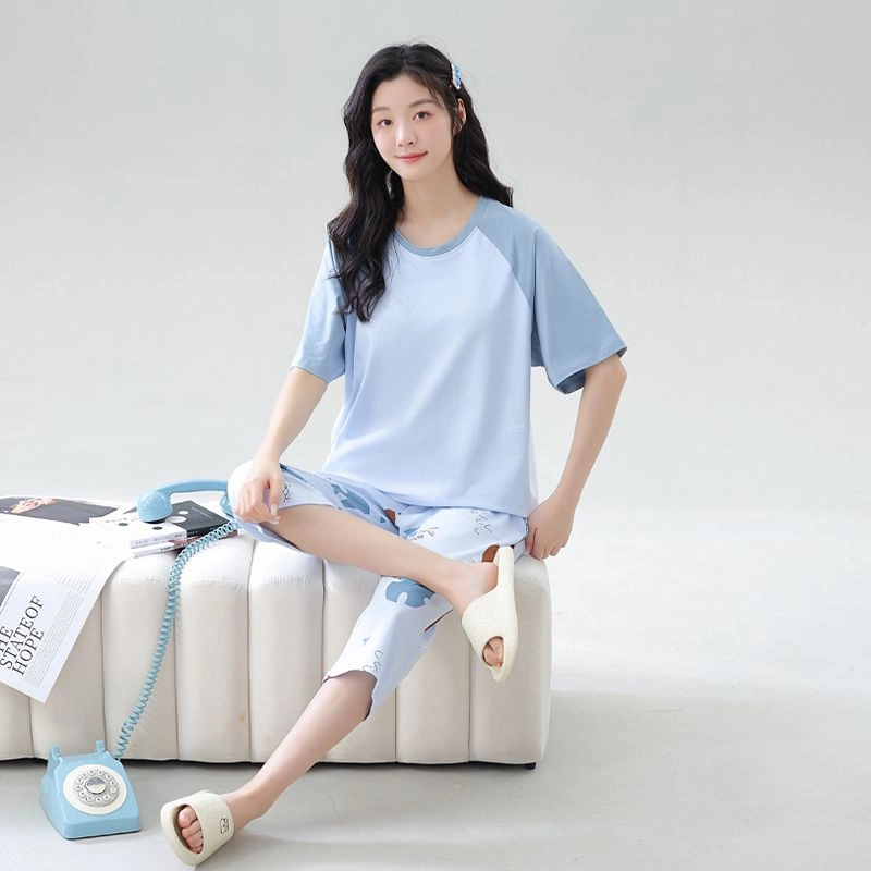 细舍 带胸垫休闲短袖七分裤韩版可外穿家居服睡衣套装 女款 浅蓝色