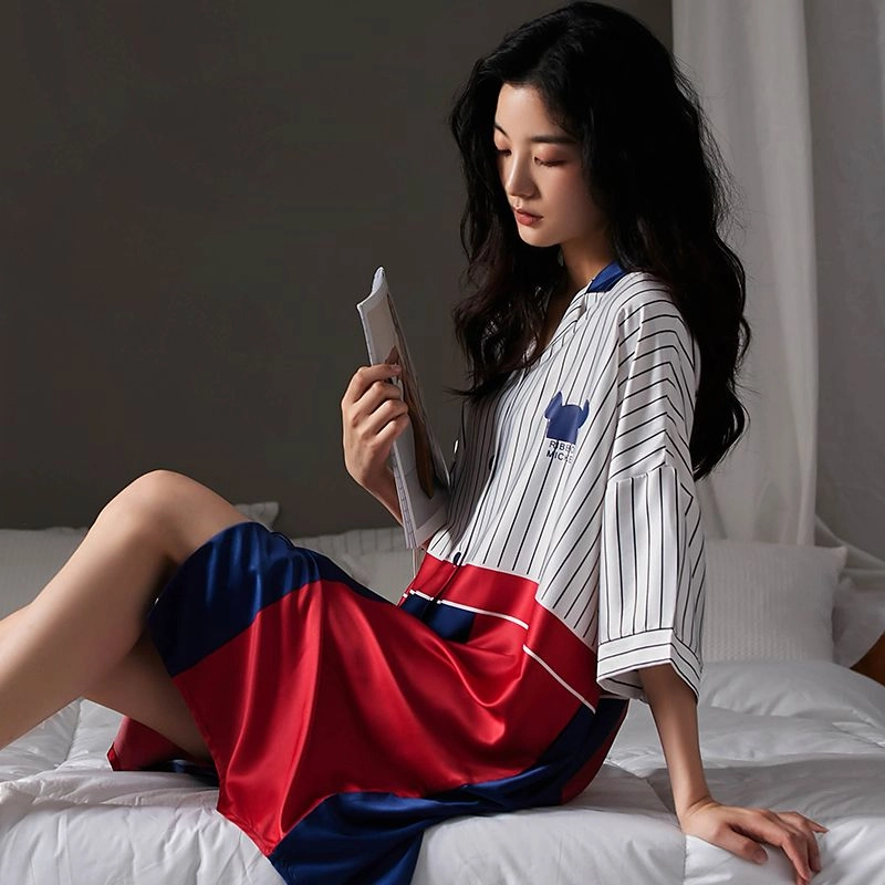 细舍 撞色条纹透气翻领五分袖睡裙 女款 蓝红拼色