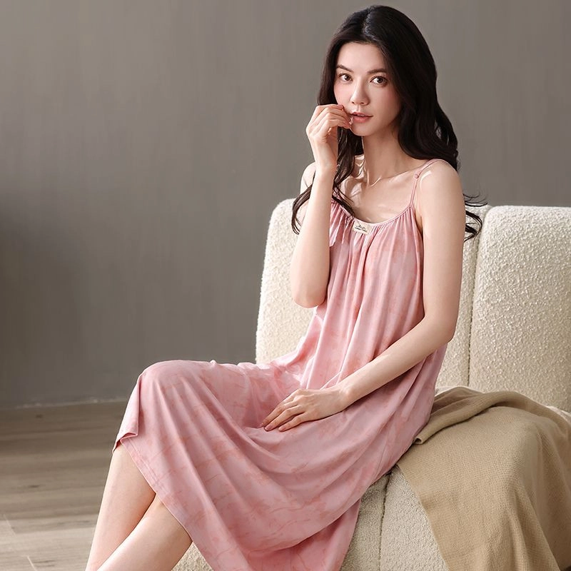 细舍 一体带胸垫吊带甜美纯棉高级感中长款无袖睡裙 女款 复古粉