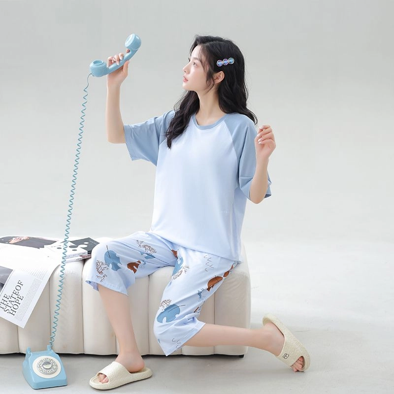 细舍 带胸垫休闲短袖七分裤韩版可外穿家居服睡衣套装 女款 浅蓝色