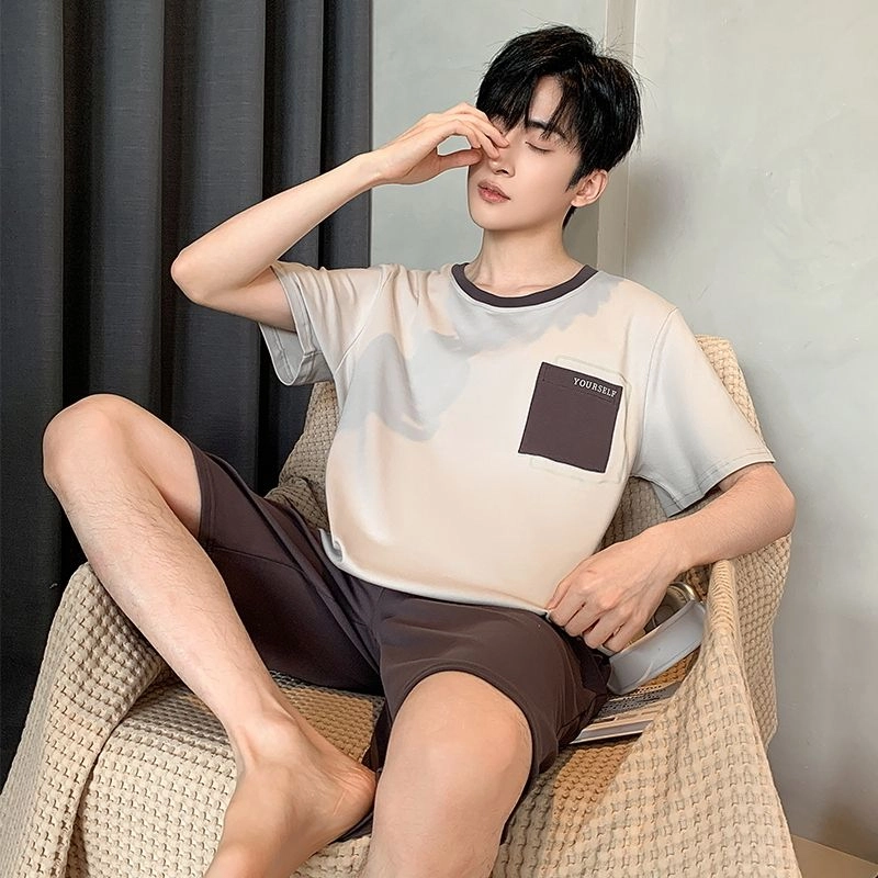 细舍 休闲大码薄款家居服夏天睡衣套装 男款
