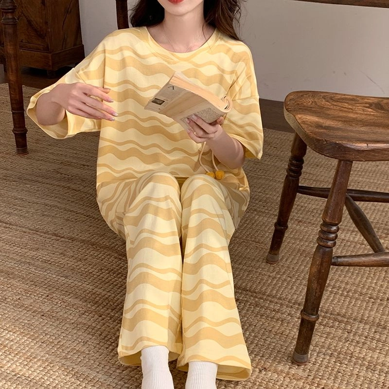细舍 卡通可爱短袖简约薄款家居服睡衣套装 女款 黄色