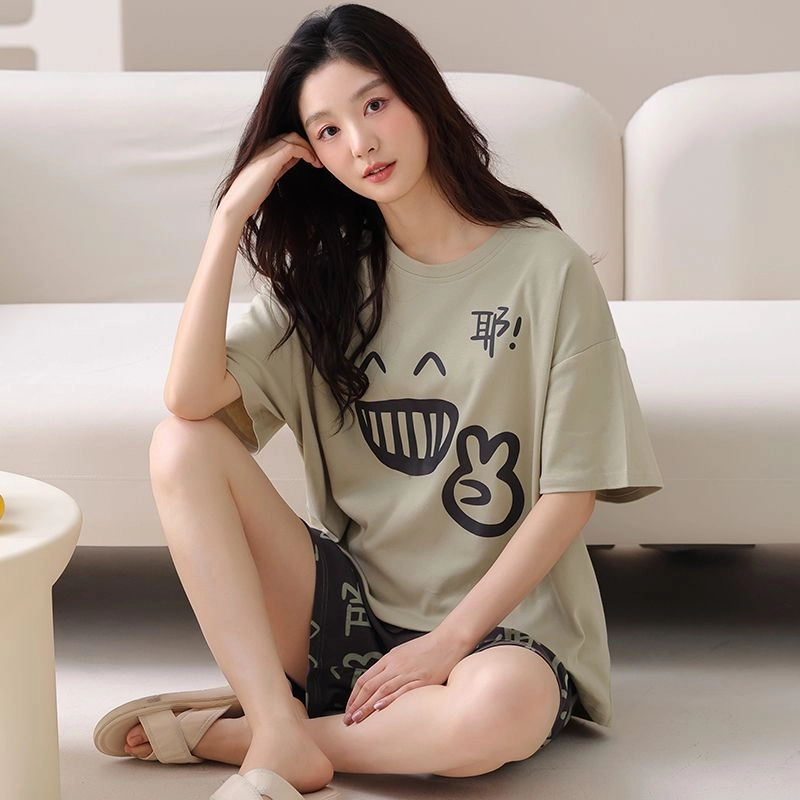 细舍 可爱卡通短袖休闲家居服睡衣套装 女款 抹茶色