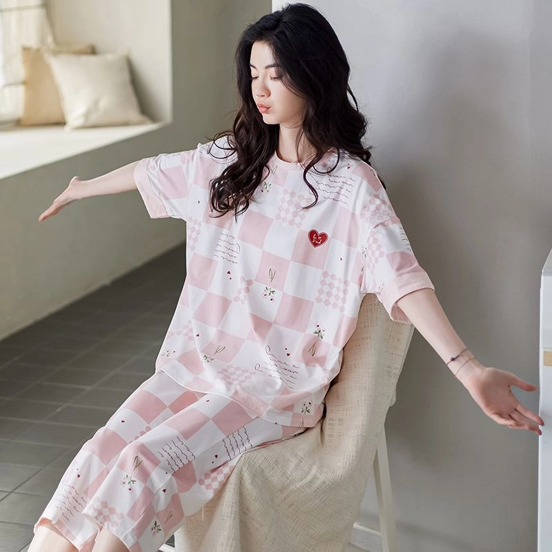 细舍 短袖七分裤甜美时尚舒适家居服睡衣套装 女款