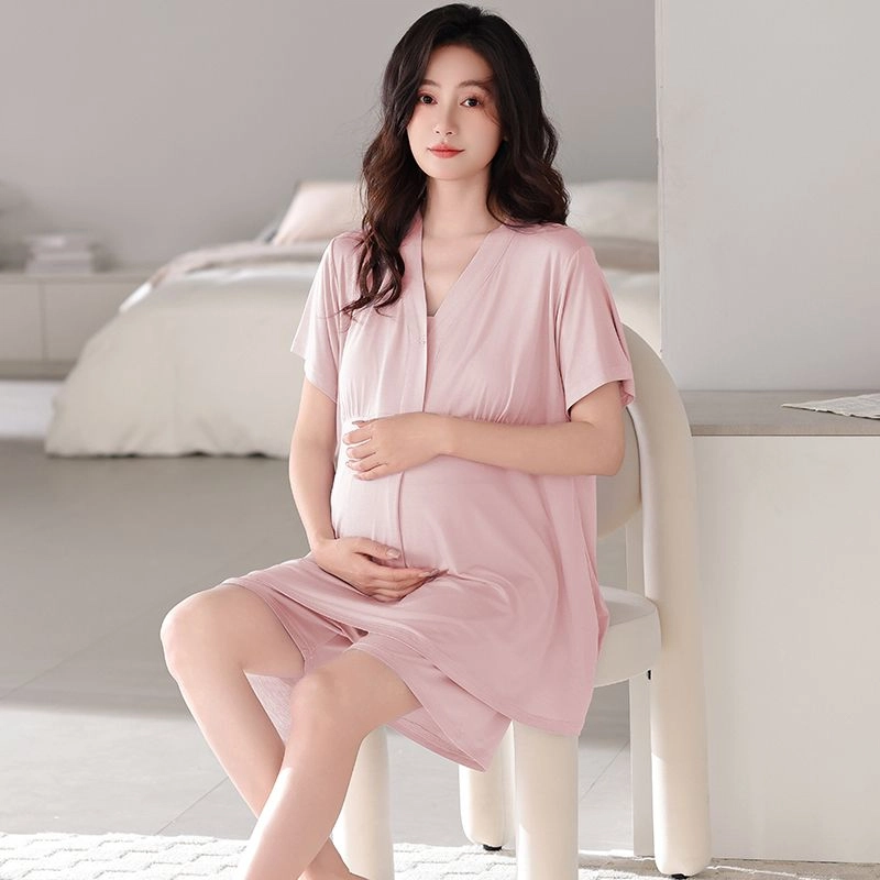 细舍 月子服带胸垫产后哺乳透气短袖上衣家居服三分裤睡衣套装 女款 标准色