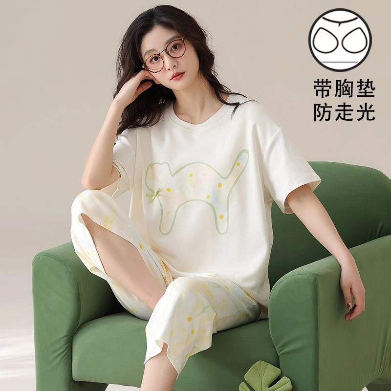 细舍 带胸垫可外穿纯棉圆领短袖七分裤家居服睡衣套装 女款 米白色