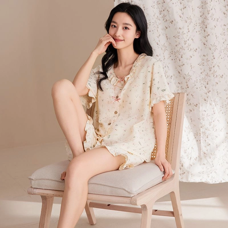 细舍 开衫短袖甜美简约休闲家居服三分裤夏季睡衣套装 女款