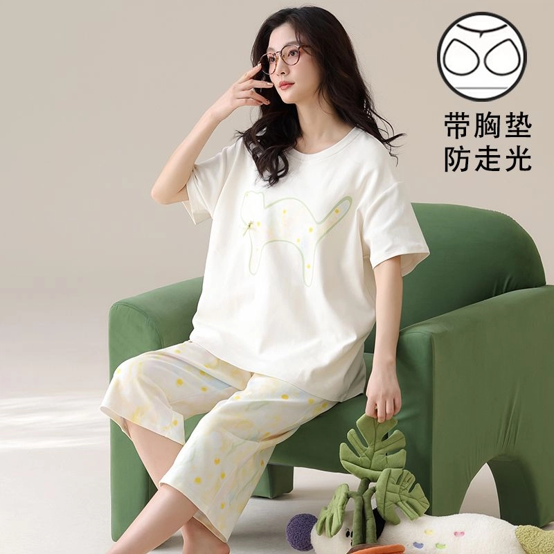 细舍 带胸垫可外穿纯棉圆领短袖七分裤家居服睡衣套装 女款 米白色