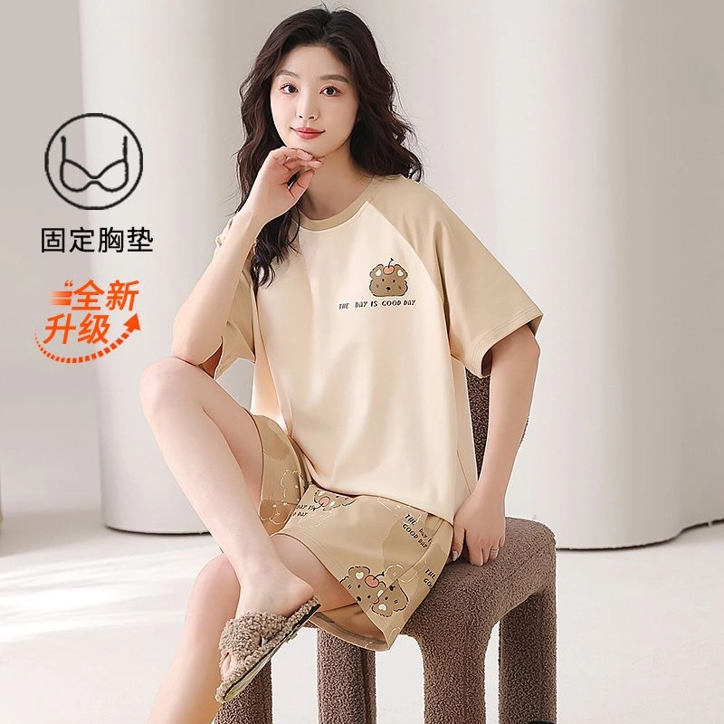 细舍 带胸垫卡通可爱圆领短袖两件套睡衣套装 女款 卡其色