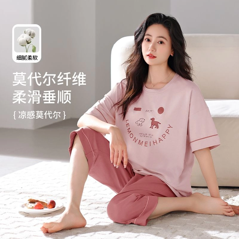 细舍 薄款卡通可爱短袖家居服睡衣套装 女款