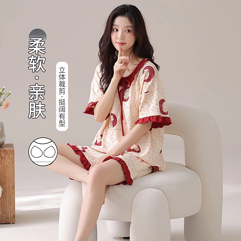 细舍 纯棉圆领短袖甜美可爱带胸垫防走光家居服睡衣套装 女款 酒红色