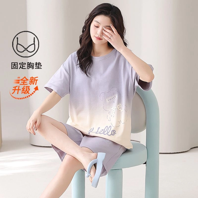 细舍 带胸垫一体纯棉卡通可爱圆领短袖睡衣套装 女款 渐变紫