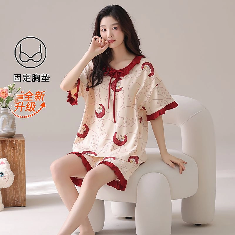 细舍 纯棉圆领短袖甜美可爱带胸垫防走光家居服睡衣套装 女款 酒红色