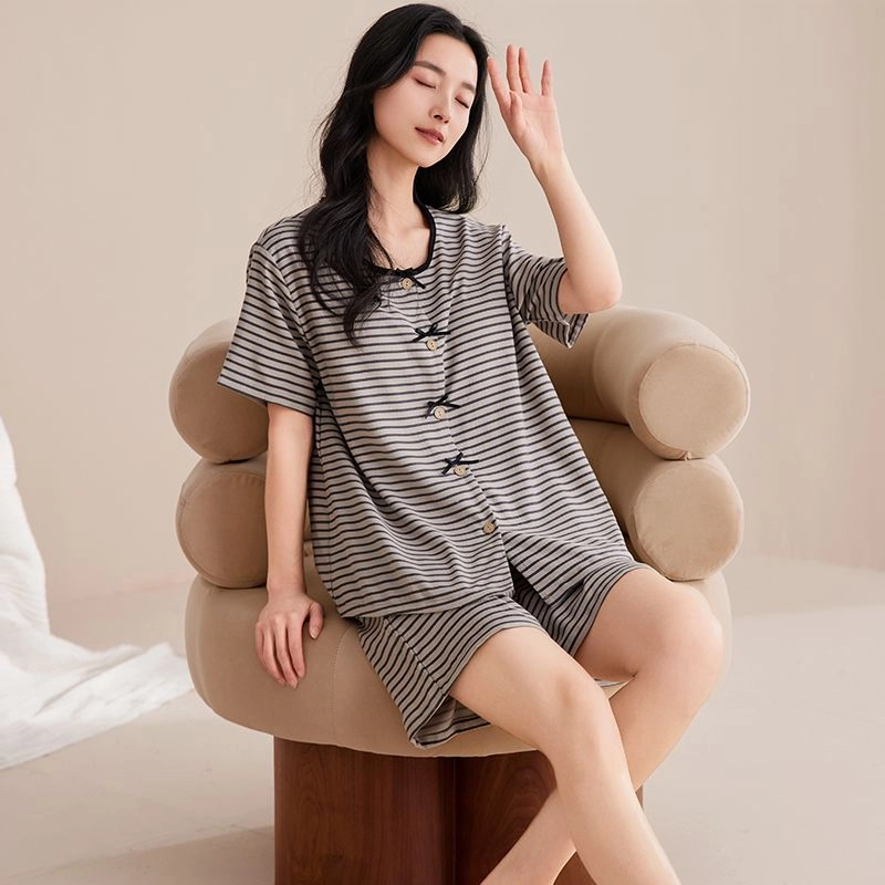 细舍 短袖甜美休闲两件套家居服三分裤夏季睡衣套装 女款