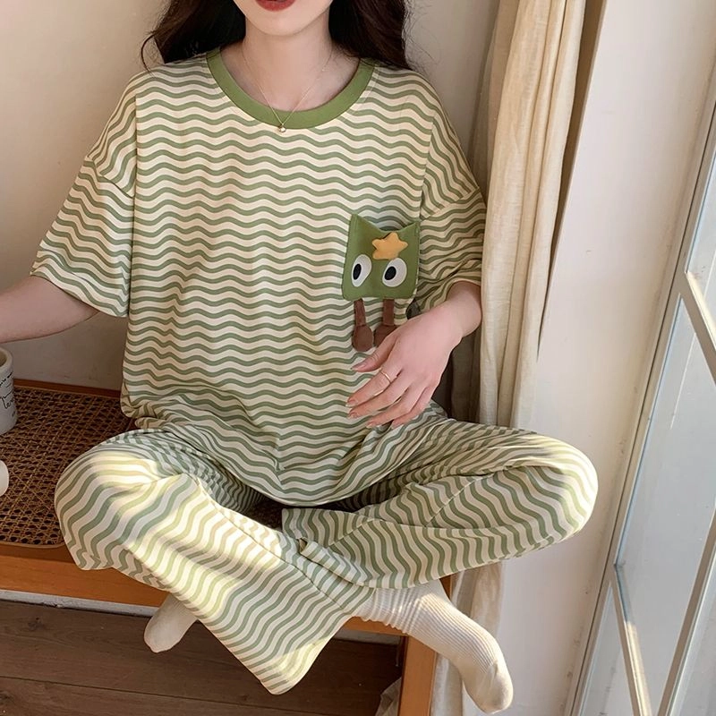 细舍 亲肤薄款短袖长裤卡通可爱家居服睡衣套装 女款 浅绿色