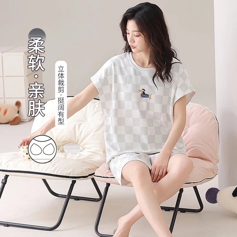 细舍 带胸垫卡通可爱无袖上衣家居服三分裤夏季睡衣套装 女款