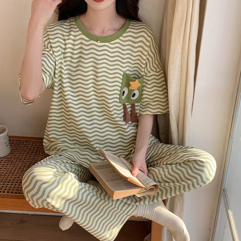 细舍 亲肤薄款短袖长裤卡通可爱家居服睡衣套装 女款 浅绿色