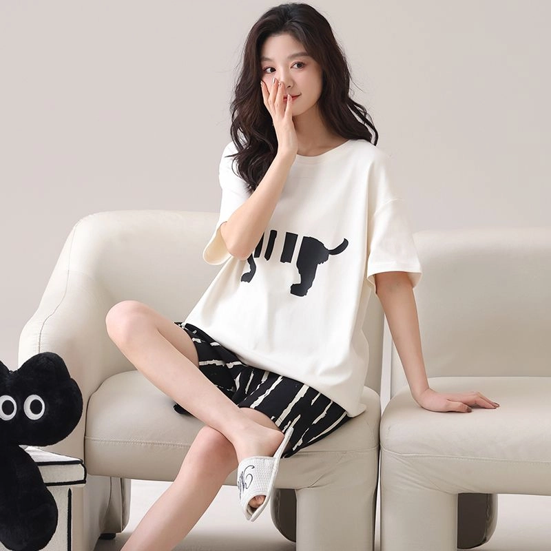 细舍 短袖卡通可爱薄款圆领家居服睡衣套装 女款 白色