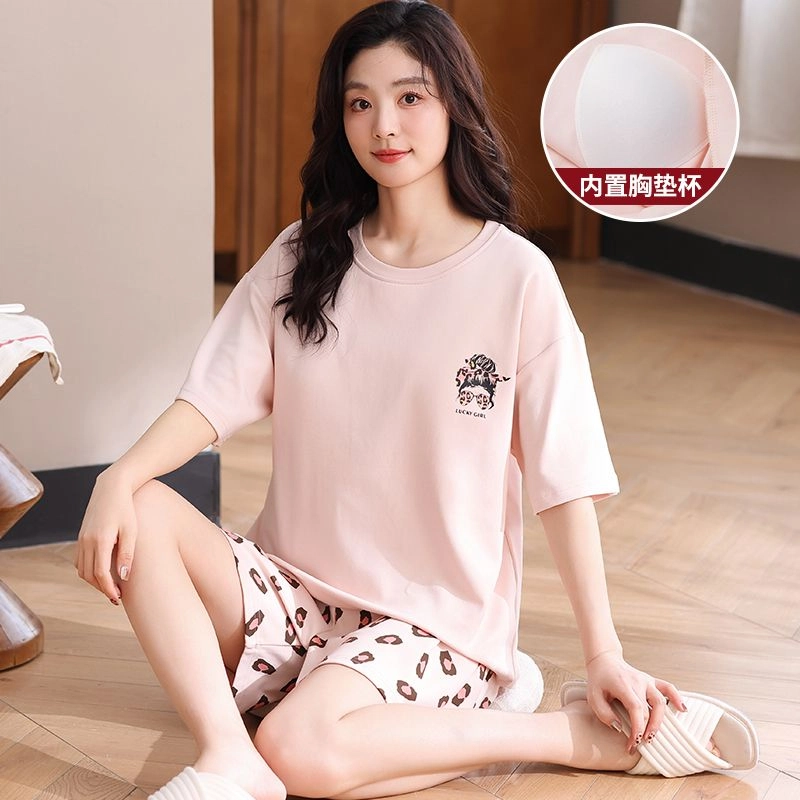 细舍 薄款纯棉短袖短裤免穿带胸垫卡通休闲睡衣套装 女款