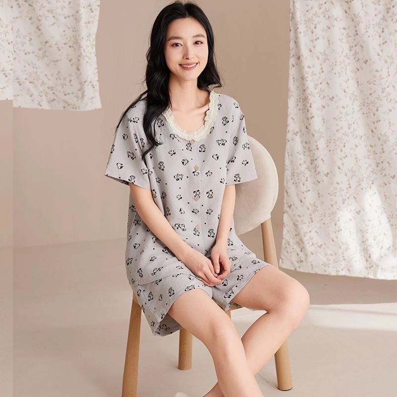 细舍 开衫短袖两件套甜美休闲家居服三分裤夏季睡衣套装 女款