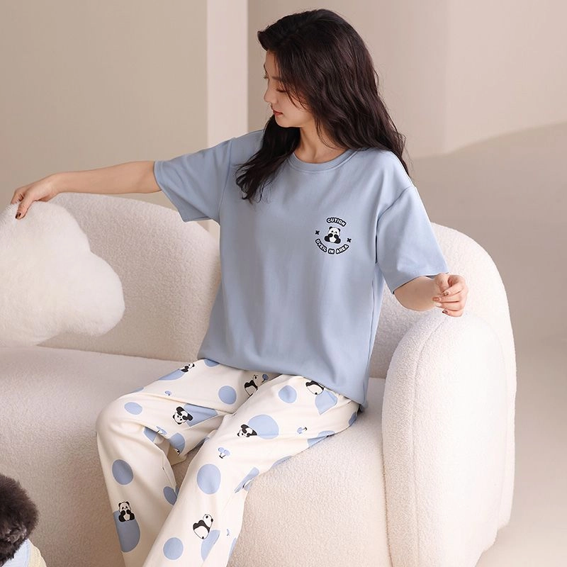 细舍 短袖长裤薄款可外穿休闲可爱卡通家居服睡衣套装 女款