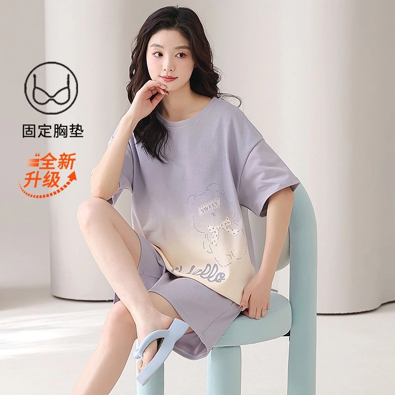 细舍 带胸垫一体纯棉卡通可爱圆领短袖睡衣套装 女款 渐变紫
