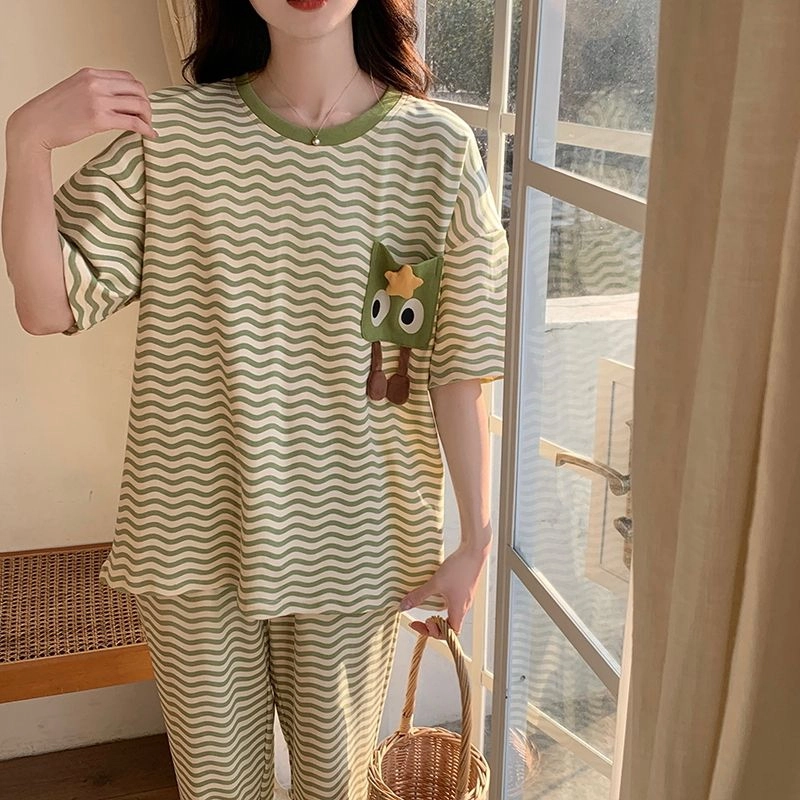 细舍 亲肤薄款短袖长裤卡通可爱家居服睡衣套装 女款 浅绿色