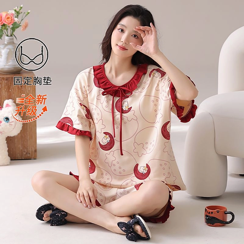 细舍 纯棉圆领短袖甜美可爱带胸垫防走光家居服睡衣套装 女款 酒红色