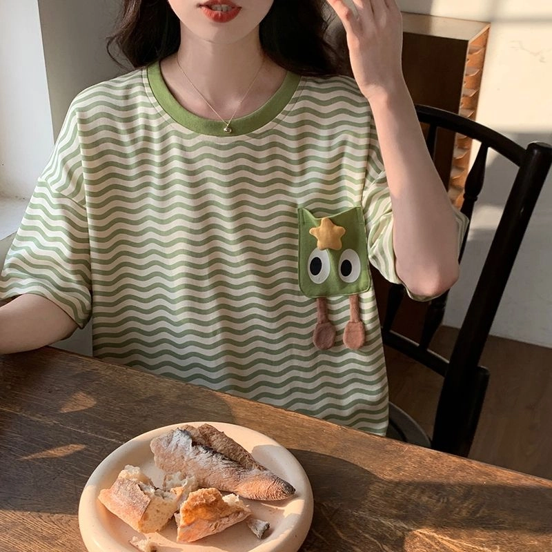 细舍 亲肤薄款短袖长裤卡通可爱家居服睡衣套装 女款 浅绿色