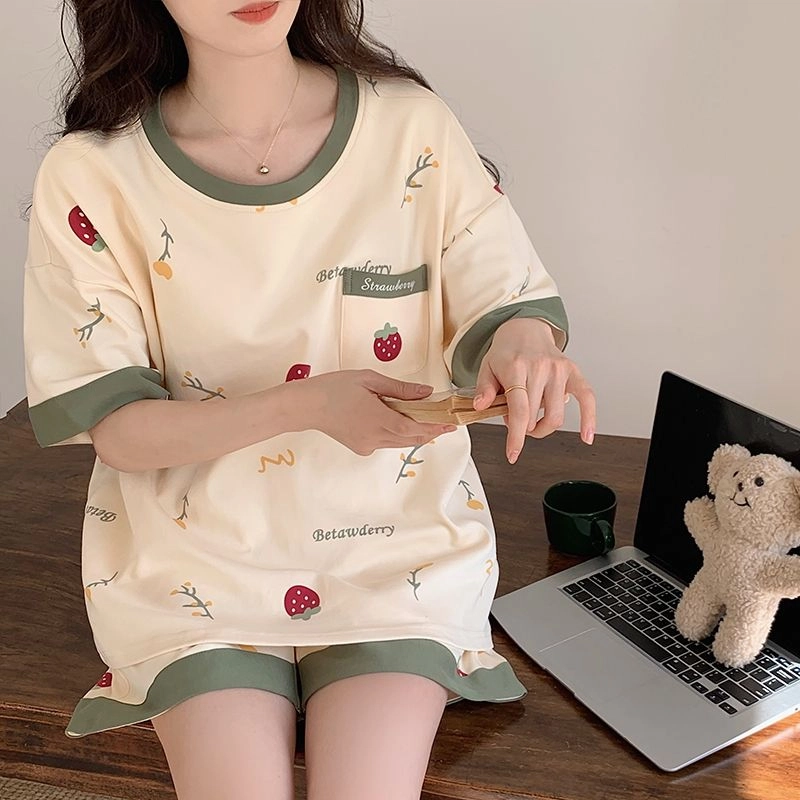 细舍 带胸垫一体可外穿短袖短裤家居服睡衣套装 女款