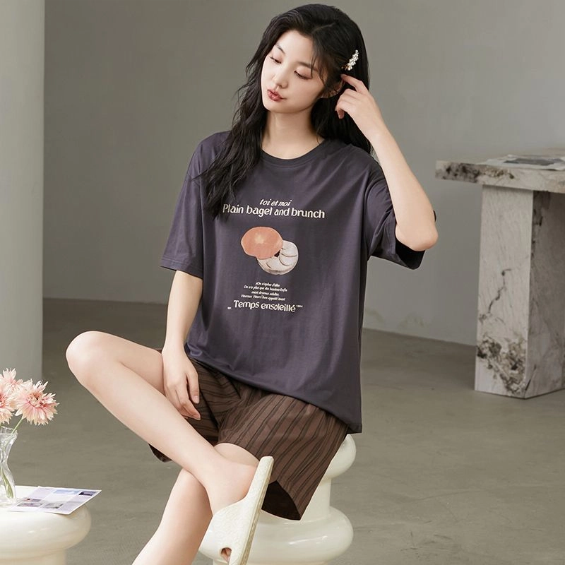 细舍 短袖短裤时尚简约家居服薄款可外穿睡衣套装 女款
