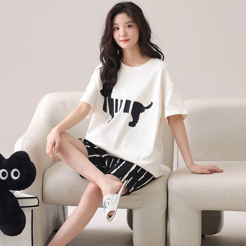 细舍 短袖卡通可爱薄款圆领家居服睡衣套装 女款 白色