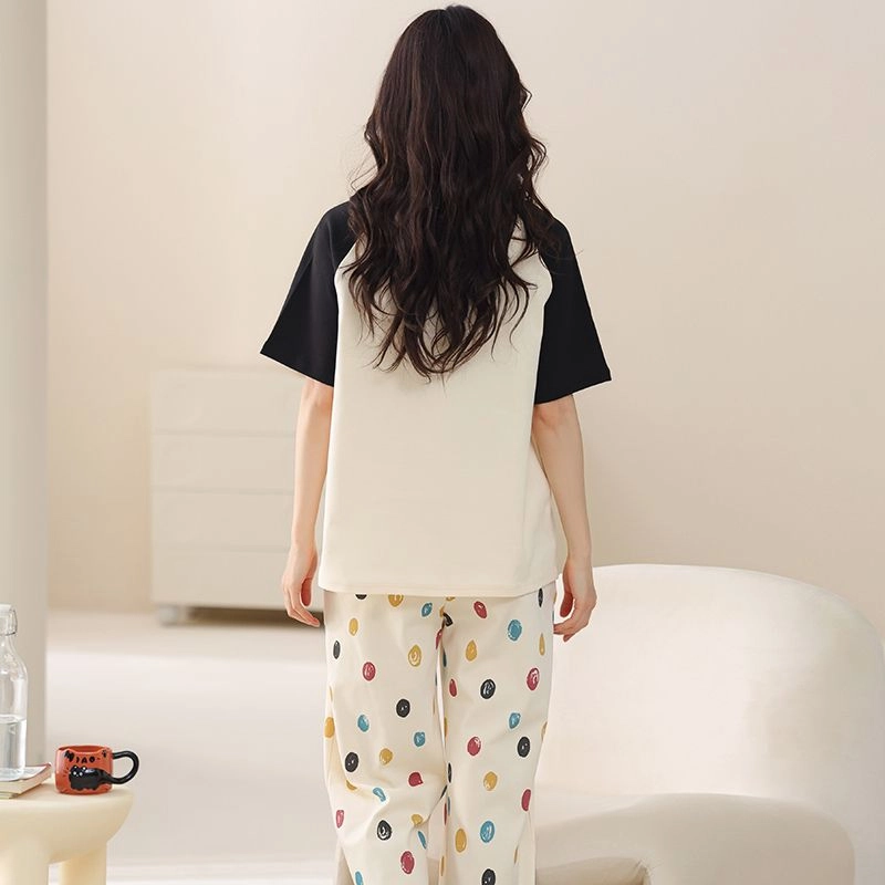 细舍 薄款短袖卡通可爱家居服长裤夏季睡衣套装 女款