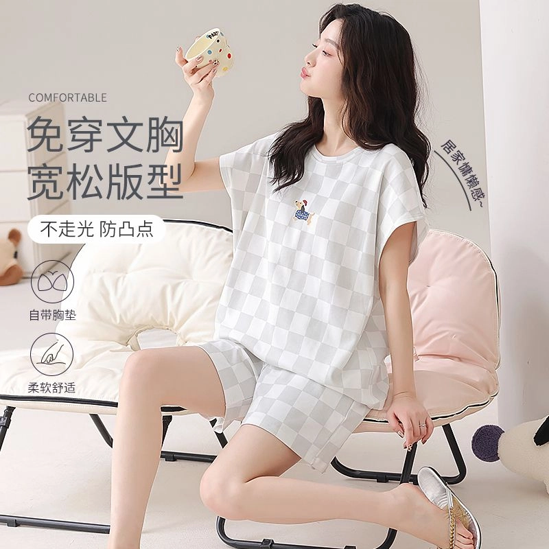 细舍 带胸垫卡通可爱无袖上衣家居服三分裤夏季睡衣套装 女款