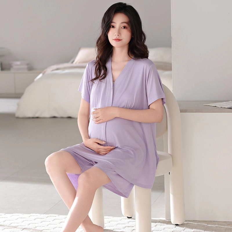 细舍 月子服带胸垫短袖上衣家居服三分裤睡衣套装 女款 标准色