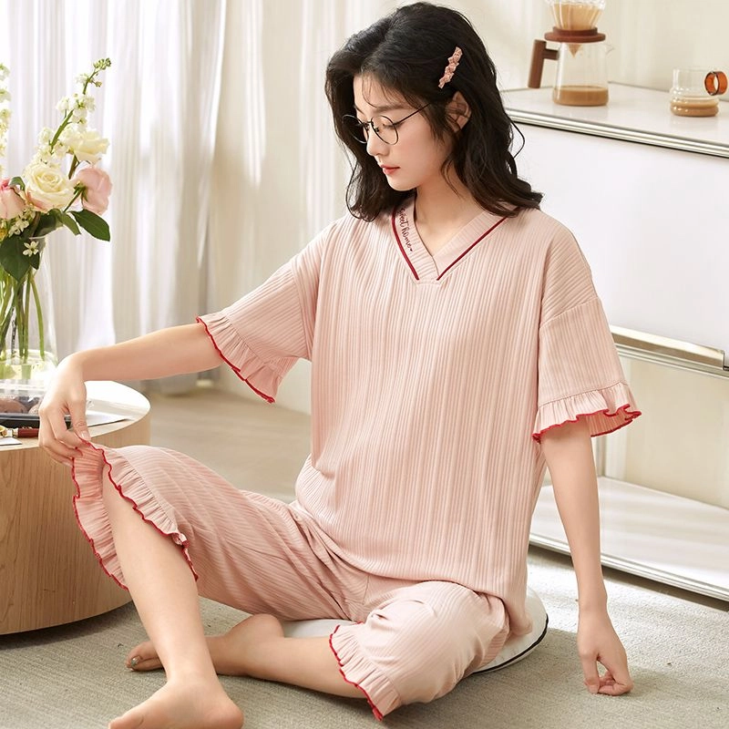 细舍 短袖七分裤薄款可爱外穿家居服两件套睡衣套装 女款