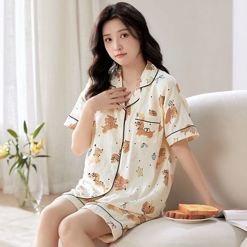 细舍 薄款甜美短袖可爱开衫带胸垫睡衣套装 女款 浅卡其