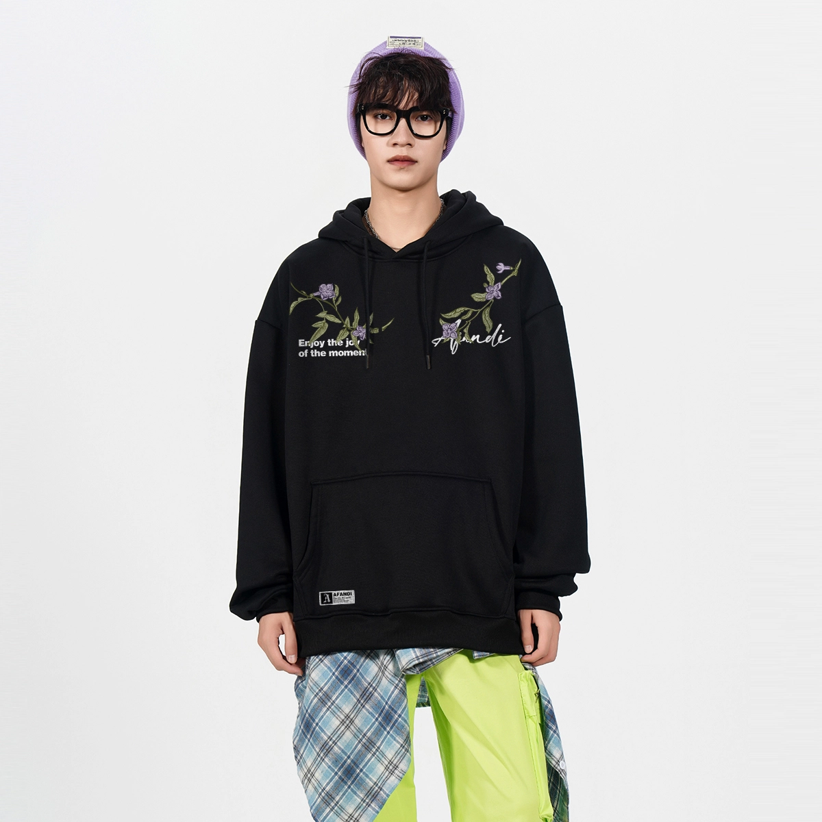 阿凡迪 美式艺术字母植物花卉品牌基础款高街风简约连帽个性时尚宽松日常通勤户外运动文艺范小清新经典百搭校园落肩长袖卫衣 男女同款