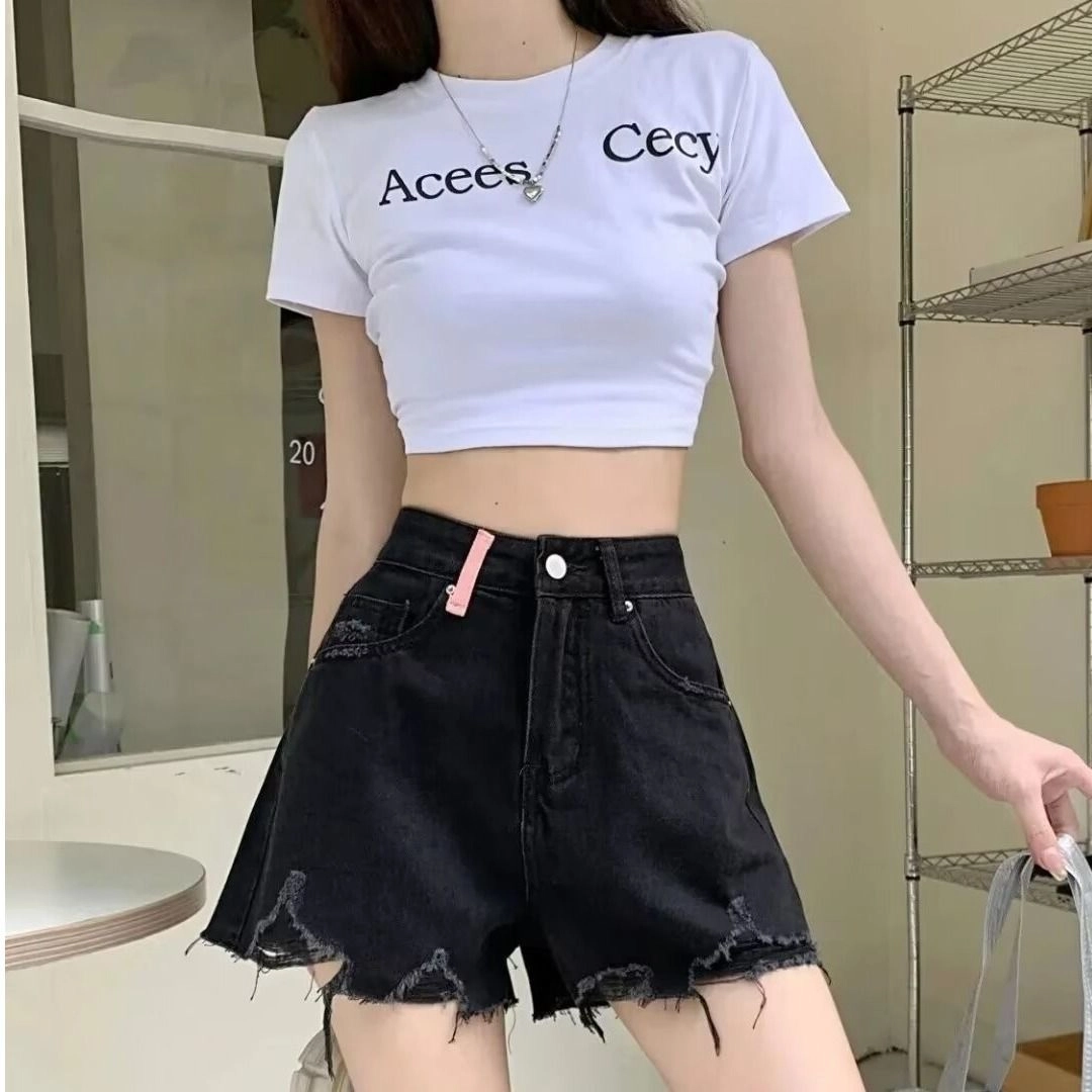 邓大喵 破洞高腰显瘦修身热裤牛仔短裤 女款