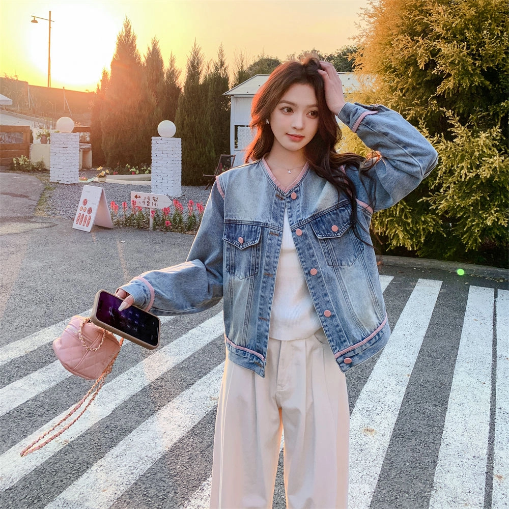 邓大喵 描边女春秋短款小个子高级感独特设计感流行牛仔外套 女款