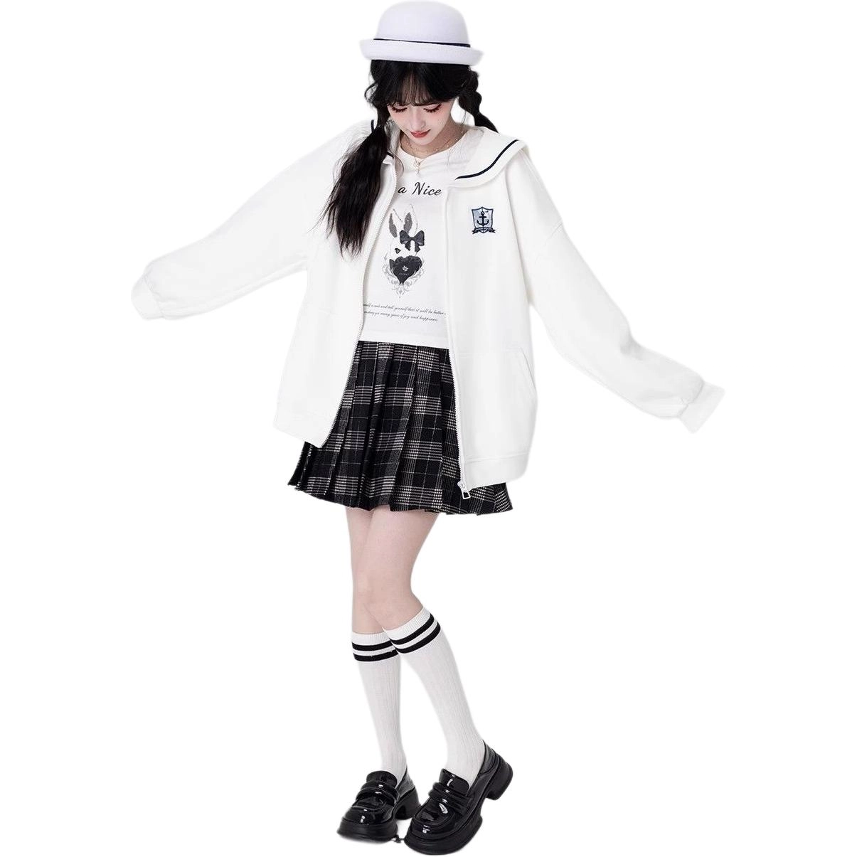 邓大喵 学院风外套女春秋甜美小个子水手领刺绣拉链开衫卫衣 女款
