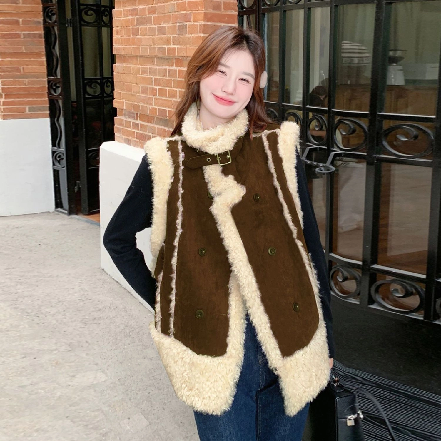 邓大喵 羊羔毛女秋冬韩版皮毛一体仿麂皮绒加厚背心马夹外套穿搭马甲 女款
