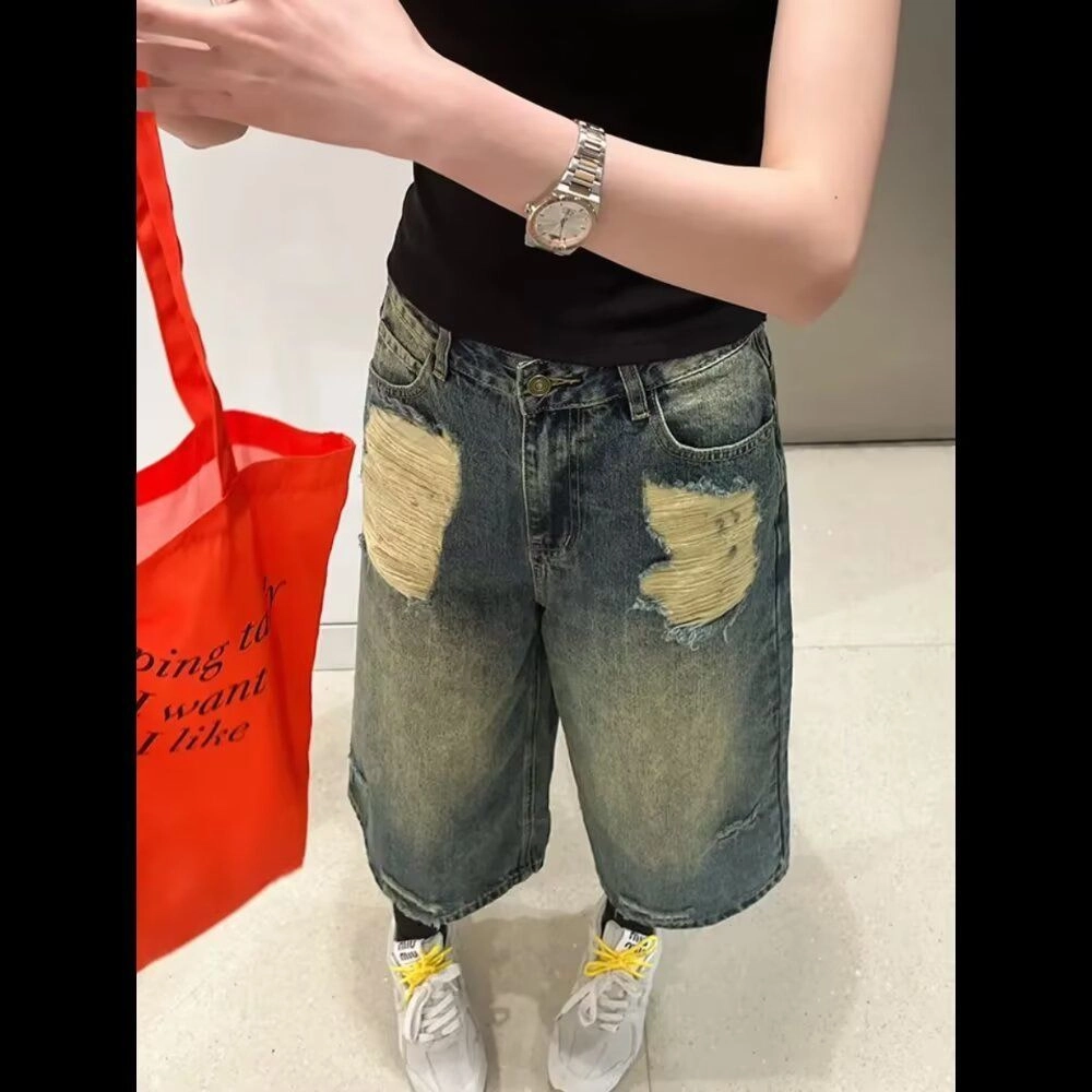 邓大喵 复古破洞阔腿夏季高街高腰宽松休闲直筒牛仔短裤 女款